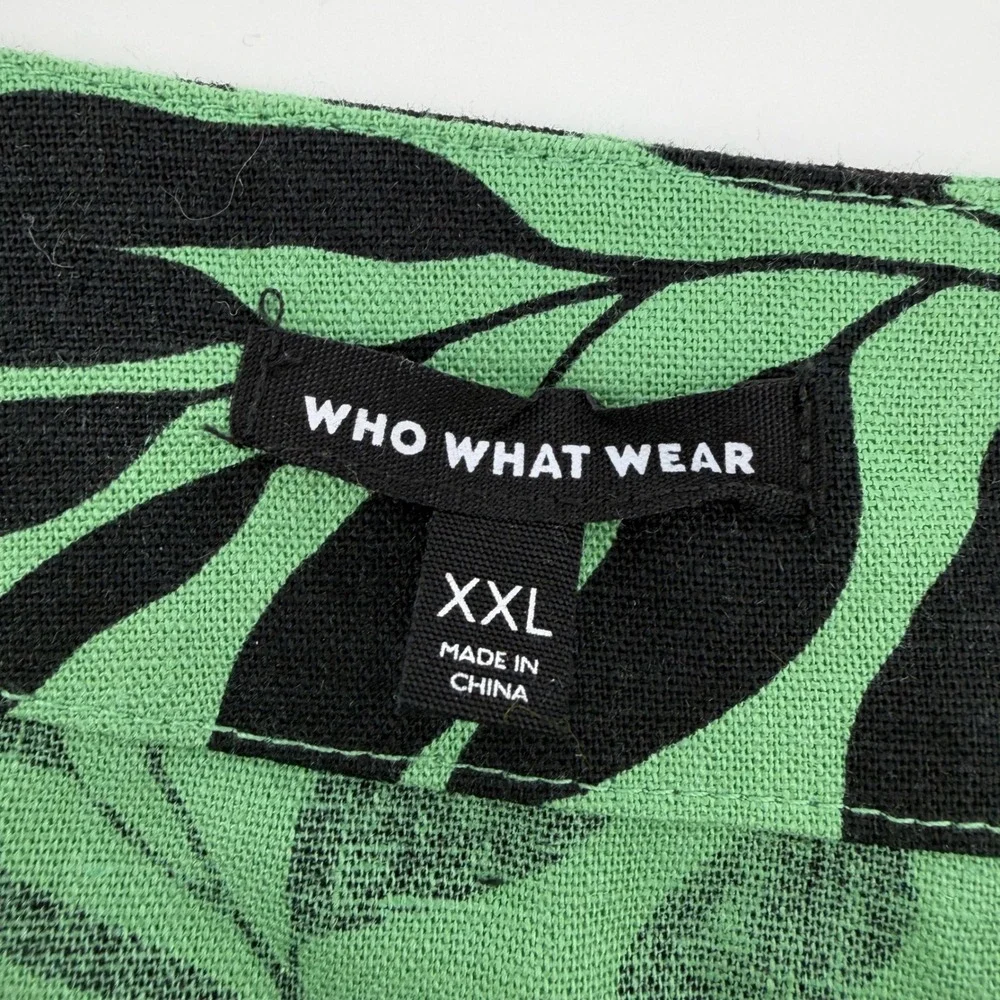 Who What Wear Dress XXL Green Linen Blend Leaf Print Puff Sleeve Shift Pockets - Picture 3 of 6